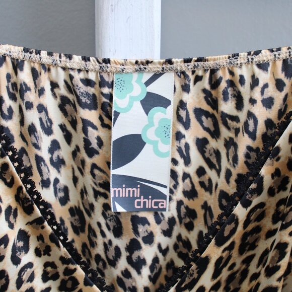 Mimi Chica VTG Y2K Tan Black Leopard Print Satin Babydoll Tank Top Size Medium - Picture 4 of 5